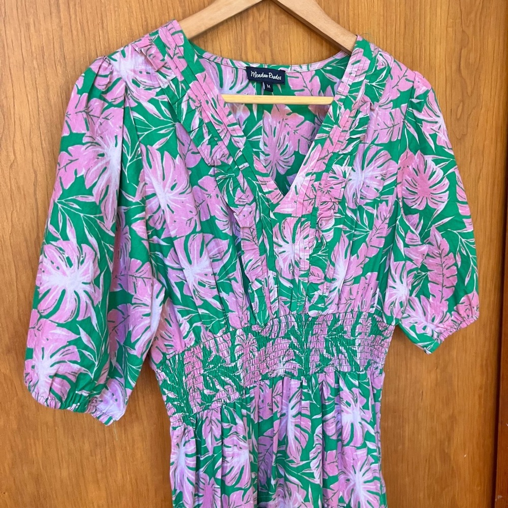 Meadow Rhodes Pink Green Tropical Leaf Smocked Tiered Maxi Dress Womens Medium